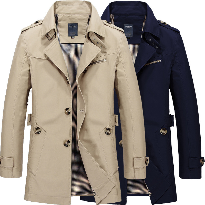 Men's pure cotton large-sized mid-length jacket for men, casual solid-colored coat for men